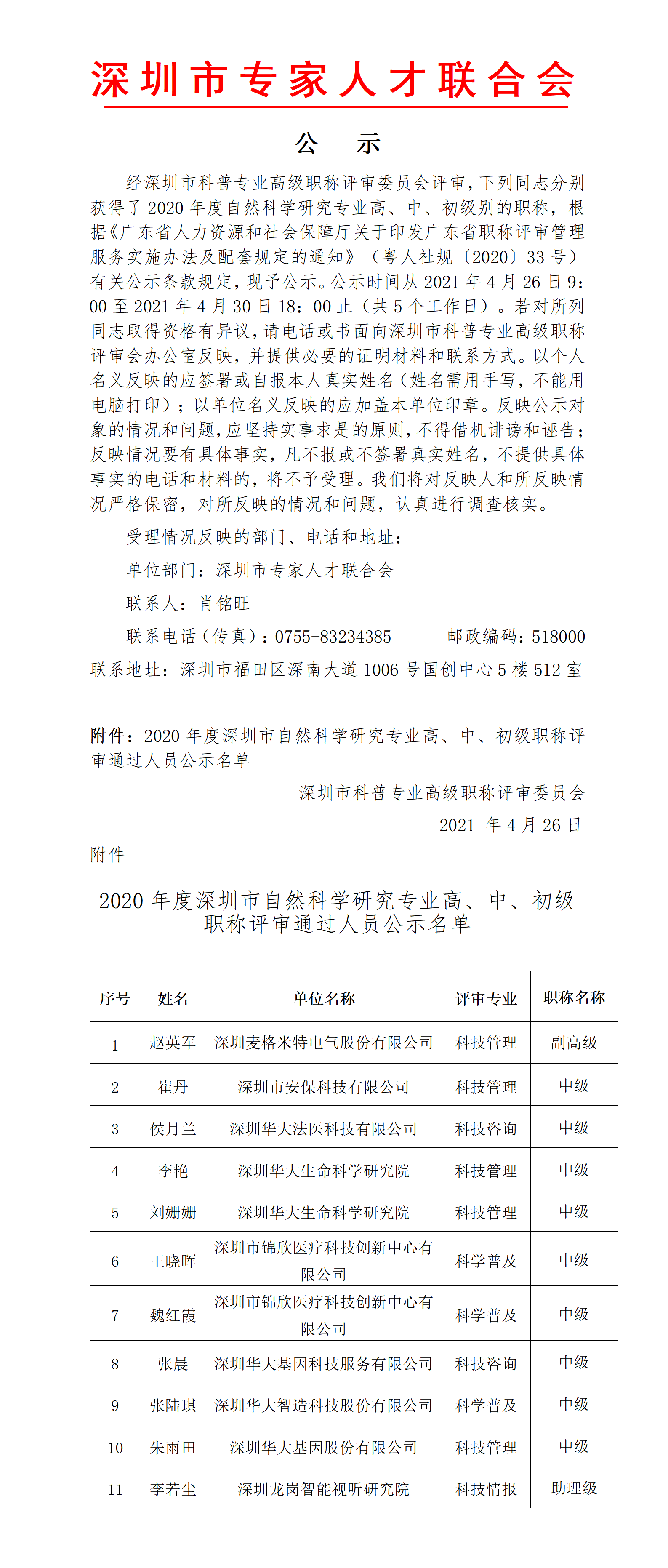 2020年度深圳市科普专业高级职称评审委员会通过人员公示