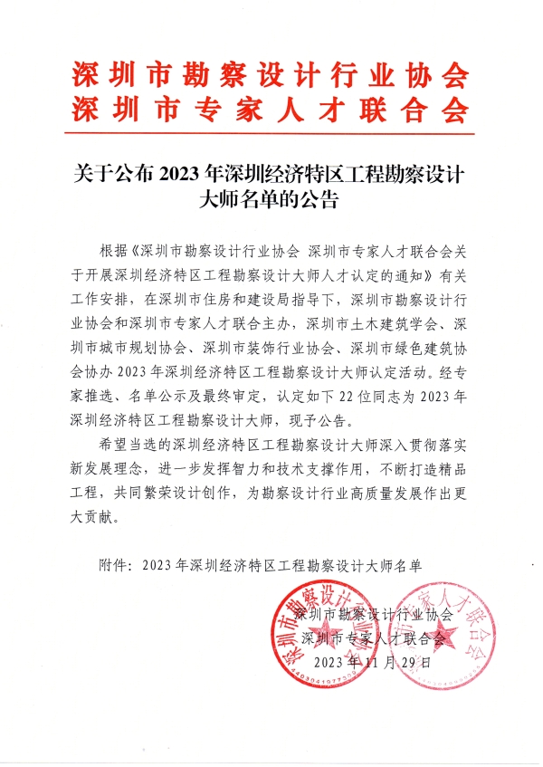 2023年深圳经济特区工程勘察设计大师名单公告